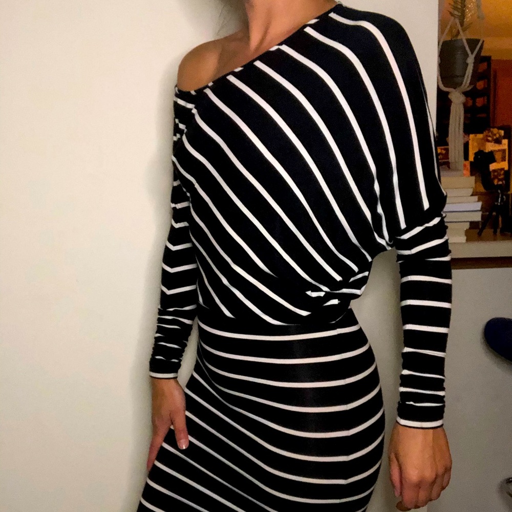 Black and white stripe asymmetrical dress